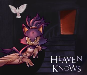 Rule 34 | 1girl, :<, album cover redraw, animal ears, blaze the cat, cat ears, cat girl, cat tail, cosplay, derivative work, dress, forehead jewel, gloves, headband, looking at viewer, lying, majindoodles, on side, pinkpantheress, pinkpantheress (cosplay), purple fur, red headband, solo, sonic (series), stairs, tail, white dress, white gloves, yellow eyes