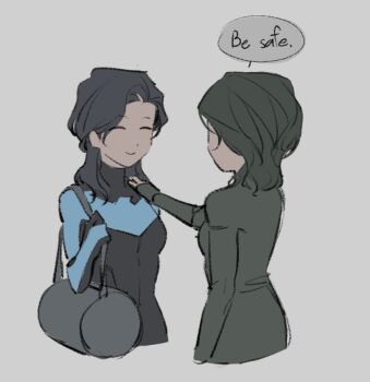 Rule 34 | 2girls, batman (series), black hair, bodysuit, breasts, bruce wayne, dc comics, dick grayson, english text, genderswap, genderswap (mtf), grey bodysuit, large breasts, long hair, minjmingg, multicolored bodysuit, multiple girls, muscular, muscular female, nightwing, open mouth, simple background, superhero costume, two-tone bodysuit