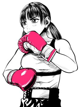 Rule 34 | 1girl, boxing, boxing gloves, boxing shorts, breasts, commentary request, fighting stance, gloves, hatching (texture), highres, lee (dragon garou), light blush, light smile, linear hatching, low twintails, medium breasts, midriff, monochrome, original, red gloves, shorts, solo, sports bra, spot color, twintails, upper body, v-shaped eyebrows