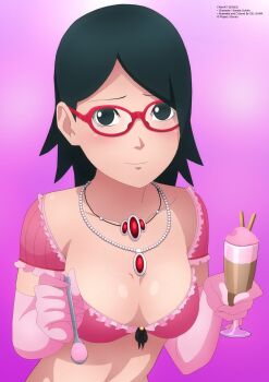 1girl absurdres black_eyes black_hair blush boruto:_naruto_next_generations breasts cinnamon_stick cleavage collarbone feeding food glasses gloves highres holding ice_cream jewelry looking_at_viewer medium_breasts midriff naruto_(classic) naruto_(series) necklace pink_gloves pink_shirt purple_background shirt short_hair short_sleeves smile solo spoon standing sundae uchiha_sarada upper_body zel-sama