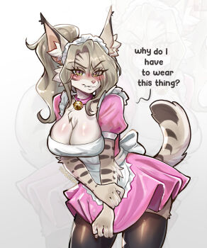 1girl alternate_costume animal_ears animal_print apron black_thighhighs blush body_fur breasts cleavage closed_mouth commentary dress embarrassed english_commentary english_text enmaided frilled_apron frills furry furry_female grey_hair highres large_breasts leopard_print looking_at_viewer luna_jarashi maid maid_apron maid_headdress pink_background pink_dress ponytail praquina puffy_short_sleeves puffy_sleeves short_sleeves snow_leopard_ears snow_leopard_girl snow_leopard_tail solo tail thighhighs toumei_otoko_to_ningen_onna:_sonouchi_fuufu_ni_naru_futari white_apron yellow_eyes zoom_layer
