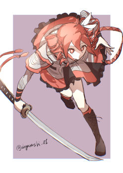 Rule 34 | 1girl, black boots, boots, border, commentary, dated commentary, degarashi 01, drill hair, frilled skirt, frills, grey jacket, grey skirt, hair ribbon, holding, holding sword, holding weapon, incoming attack, jacket, kasane teto, kasane teto (sv), katana, knee boots, lace-up boots, looking at viewer, outside border, purple background, red eyes, red hair, ribbon, running, simple background, skirt, solo, sword, synthesizer v, twin drills, twitter username, utau, weapon, white border