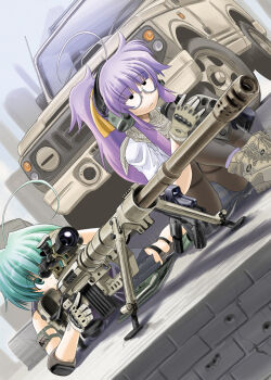 2girls ahoge aqua_eyes aqua_hair bipod black_legwear bolt_action cheytac_m200 dutch_angle excel_(gewalt) glasses gloves gun long_hair motor_vehicle multiple_girls panties panties_under_pantyhose pantyhose pantyshot pickup_truck ponytail purple_hair rifle scope sitting sniper sniper_rifle sniper_team striped_clothes striped_panties thighband_pantyhose trigger_discipline truck underwear weapon