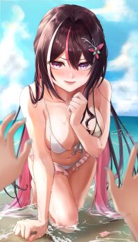 1girl all_fours azki_(hololive) beach bikini bikini_skirt black_hair blue_nails blush breasts cleavage colored_inner_hair commentary_request frilled_skirt frills highres hinata_habi hololive long_hair looking_at_viewer medium_breasts multicolored_hair navel open_mouth outdoors pink_hair pink_nails pov pov_hands purple_eyes signature skirt solo_focus streaked_hair swimsuit very_long_hair virtual_youtuber wet white_hair