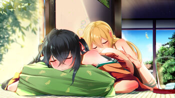 2girls ahoge albacore_(azur_lane) azur_lane bare_shoulders black_hair blonde_hair blue_sky blush breast_press breasts bubble cheek_press chromatic_aberration cleavage commentary_request crossed_bangs cushion day dress fence futon glass hair_between_eyes hand_on_another's_ass head_on_ass highres indoors japanese_clothes kimono large_breasts long_hair lying monobe_yuri multiple_girls off_shoulder on_stomach open_door red_dress red_eyes red_kimono sky sleeping sleeping_on_person slice_of_life sliding_doors taihou_(azur_lane) tatami thighhighs thighs tree wavy_mouth wide_sleeves wooden_fence yuri