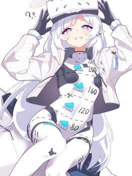 1girl ? ?? absurdres arms_up black_gloves blue_archive bodysuit breasts commentary_request cropped_jacket earclip gloves grey_halo grin halo head-mounted_display highres himari_(armed)_(blue_archive) himari_(blue_archive) jacket long_hair looking_at_viewer open_clothes open_jacket pointy_ears purple_eyes s9uirrel simple_background sitting small_breasts smile solo twitter_cutting_game white_background white_bodysuit white_hair white_jacket