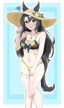 absurdres abyss_kpn_(ki) animal_ears bikini black_hair blush breasts cleavage collarbone green_eyes highres horse_ears horse_girl horse_tail jewelry long_hair navel necklace open_mouth ring satono_crown_(umamusume) simple_background swimsuit tail umamusume