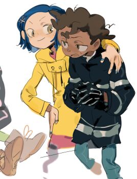 1boy 1girl arm_around_shoulder arrcticc_fish black_gloves black_jacket blue_hair brown_hair coat commentary coraline_(movie) coraline_jones cowboy_shot dark-skinned_male dark_skin english_commentary freckles gloves green_eyes hand_on_own_hip highres jacket kinky_hair looking_at_another short_hair simple_background white_background wybie_lovat yellow_coat yellow_eyes