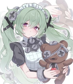 1girl absurdres apron commentary_request corin_wickes cuffs expressionless green_hair hair_between_eyes heart highres holding holding_stuffed_toy long_hair looking_at_viewer maid maid_apron maid_headdress moe_nayo puffy_short_sleeves puffy_sleeves purple_eyes screw_hair_ornament short_sleeves sidelocks simple_background solo stuffed_animal stuffed_toy teddy_bear twintails twitter_username white_background zenless_zone_zero zoom_layer