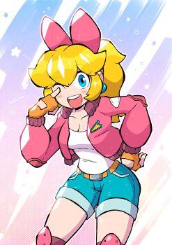 1girl absurdres banchoramen blue_eyes blue_shorts commentary denim denim_shorts earrings english_commentary fingerless_gloves gloves hand_on_own_hip highres jacket jewelry knee_pads looking_at_viewer mario_(series) mario_kart mario_kart_world nintendo official_alternate_costume one_eye_closed open_mouth orange_gloves outline pink_jacket ponytail princess_peach princess_peach_(touring) shirt shorts solo sphere_earrings star_(symbol) white_outline white_shirt