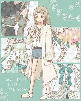 1girl belt black_belt blonde_hair blue_shorts blush camisole closed_mouth collarbone colored_eyelashes commentary_request contrast_(idolmaster) dated denim denim_shorts flipped_hair folder full_body gakuen_idolmaster green_background hair_ornament hairclip hajime_(idolmaster) hand_up happy_birthday highres holding holding_folder idolmaster komoro7857 koukei_(idolmaster) long_hair long_sleeves looking_at_viewer midriff_peek multiple_views open_clothes open_robe orange_eyes orange_ribbon parallel_hairclips parted_bangs ribbon robe rope_belt shinosawa_hiro shoes shorts smile standing sunfaded_(idolmaster) white_camisole white_robe white_shoes wide_sleeves wristband