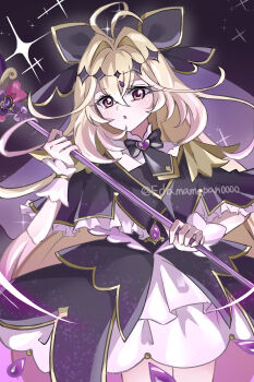 Rule 34 | 1girl, absurdres, antenna hair, black bow, black capelet, black dress, blonde hair, bow, brooch, capelet, commentary request, cowboy shot, cure arcana shadow, diamond hairband, dot nose, dress, edamamepan0000, frilled capelet, frills, gradient background, hair bow, hair intakes, head tilt, heart, heart brooch, highres, holding, holding staff, jewelry, layered dress, legs together, long hair, looking at viewer, magical girl, meitantei precure!, moria luluka, open mouth, precure, purple eyes, purple veil, solo, sparkle, staff, standing, tear arcana rod, twitter username, veil, white wrist cuffs, wrist cuffs