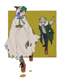 Rule 34 | 2boys, :/, all might, alternate eye color, animal ears, ankle boots, bakugou katsuki, black ears, black eyes, black hat, black pants, blonde hair, bluesky username, boku no hero academia, boots, bow, bowtie, bright pupils, broken, broken chain, brooch, brown footwear, carrying, chain, chain leash, character sticker, cloak, closed mouth, coat, collar, colored shadow, cuffs, film grain, floating, following, food request, freckles, fur-trimmed coat, fur trim, ghost costume, green bow, green bowtie, green coat, green hair, grey cloak, grey pants, grey shirt, halloween, halloween costume, hand in pocket, hat, hat over hood, hat ribbon, highres, hood, hood up, hooded cloak, hugging object, jewelry, leaning forward, leash, looking at another, looking back, male focus, midair, midoriya izuku, mini hat, mini witch hat, multiple boys, official alternate costume, orange ribbon, outside border, paneled background, pants, patch, pocket, profile, red collar, red eyes, red footwear, ribbon, sanpaku, shackles, shadow, shirt, shoes, short hair, sideways mouth, smile, sneakers, souko (floyd), spiked hair, standing, sticker, striped bow, striped bowtie, striped clothes, t-shirt, tail, three-quarter sleeves, torn cloak, torn clothes, torn coat, torn shirt, torn sleeve, turning head, twitter username, two-sided cloak, two-sided fabric, white pupils, witch hat, wolf boy, wolf ears, wolf tail, yellow background