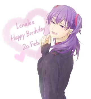 Rule 34 | 1girl, birthday, black gloves, black jacket, black order uniform, character name, commentary request, d.gray-man, earrings, english text, fingerless gloves, gloves, hair between eyes, hair over shoulder, hair ribbon, hand up, happy birthday, heart, highres, izuki (iz 5221), jacket, jewelry, lenalee lee, lipgloss, long sleeves, looking at viewer, medium hair, military, military uniform, parted bangs, parted lips, pink lips, pink ribbon, purple eyes, purple hair, ribbon, sidelocks, single glove, smile, solo, striped clothes, striped jacket, stud earrings, turtleneck, turtleneck jacket, two side up, upper body, white background