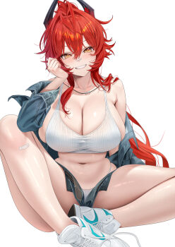 1girl absurdres antenna_hair black_jacket black_shorts breasts camisole cleavage commentary_request goddess_of_victory:_nikke hair_intakes highres horns huge_breasts jacket long_hair looking_at_viewer mechanical_horns navel official_alternate_costume orange_eyes panties red_hair red_hood_(nikke) red_hood_(retro_days)_(nikke) ruhee shoes shorts simple_background sitting smile solo stomach thighs underwear very_long_hair white_background white_camisole white_panties white_shoes