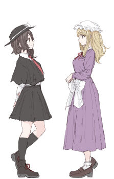 2girls absurdres black_capelet black_hat black_skirt black_socks blonde_hair boots bow breasts brown_hair capelet collar dress dress_ribbon hat hat_bow highres kashiwada_kiiho long_dress long_sleeves looking_at_another maribel_hearn medium_hair mob_cap multiple_girls necktie purple_dress purple_eyes ribbon sash shirt shoes short_hair simple_background skirt socks standing touhou usami_renko white_background white_bow white_collar white_hat white_shirt white_socks