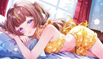1girl alternate_costume anya_melfissa armpits bare_arms bed blonde_hair blonde_streaks bloomers blunt_bangs brown_hair closed_mouth crop_top cropped_shirt curtains day dutch_angle frilled_shirt frills gradient_hair hashtag-only_commentary highres hololive hololive_indonesia indoors long_hair looking_at_viewer lying midriff multicolored_hair navel on_bed on_side pillow print_bloomers print_shirt purple_eyes shirt sidelocks sleeveless sleeveless_shirt smile solo streaked_hair two-tone_hair two_side_up underwear virtual_youtuber wavy_hair will_kyuu09 window yellow_bloomers yellow_shirt