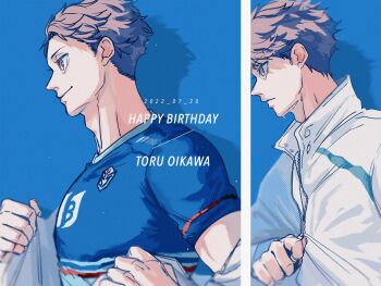 1boy adam's_apple age_comparison aged_up blue_background brown_hair character_name closed_mouth commentary_request dated from_side haikyuu!! happy_birthday highres male_focus name_unico oikawa_tooru_(haikyuu!!) shadow short_hair simple_background smile sportswear sweat unzipping volleyball_uniform zipper