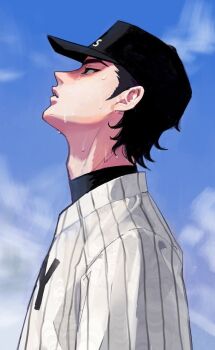 1boy ace_of_diamond adam's_apple baseball_cap baseball_uniform black_hair black_hat blue_sky cloud cloudy_sky commentary_request hat highres korean_commentary male_focus outdoors parted_lips sanada_shunpei short_hair sideburns sky solo sportswear sweat teeth very_sweaty yisorimm