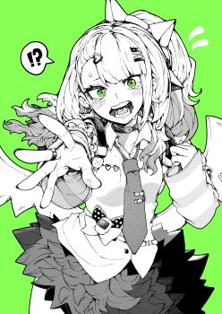 Rule 34 | !?, 1girl, absurdres, arm warmers, backpack, bag, commentary request, green background, green eyes, greyscale with colored background, hair ornament, hairclip, highres, looking at viewer, necktie, open mouth, randoseru, shirt, simple background, skirt, solo, striped arm warmers, sunna (zenless zone zero), tears, wings, yotsumi shiro, zenless zone zero