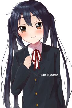 1girl absurdres black_hair blush brown_eyes closed_mouth dot_nose facing_viewer feet_out_of_frame female_focus highres k-on! kaki_dame long_hair long_sleeves looking_at_viewer nakano_azusa ribbon sakuragaoka_high_school_uniform school_uniform shirt simple_background smile solo standing twintails twitter_username white_background white_shirt