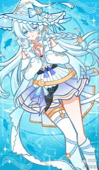 1girl absurdres artist_name blue_eyes blue_hair braid chinese_commentary chinese_text commentary_request dress ganbing_liangzai genius_invokation_tcg_(style) hair_between_eyes hat highres long_hair long_sleeves looking_at_viewer original own_hands_together single_braid single_thighhigh skirt solo tassel thigh_strap thighhighs watermark white_dress white_hair witch_hat