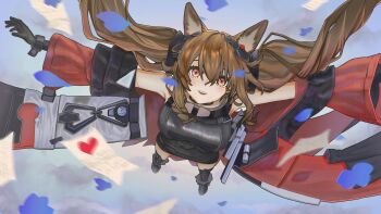 Rule 34 | 1girl, absurdres, alternate breast size (larger), angelina (arknights), animal ear fluff, animal ears, arknights, arknights: endfield, black gloves, blue sky, bracelet, breasts, brown hair, coat, commentary, day, dot nose, dress, elbow gloves, english commentary, floating, floating clothes, floating hair, floating paper, foreshortening, fox ears, fox girl, from above, full body, gilberta (arknights), gloves, grey dress, haiou 114514, hair between eyes, headpiece, heart, highres, impossible clothes, impossible dress, jewelry, large breasts, long hair, long sidelocks, long sleeves, looking at viewer, looking up, off shoulder, open clothes, open coat, orange eyes, outdoors, outstretched arms, red coat, sidelocks, sky, solo focus, spread arms, teeth, twintails, upper teeth only