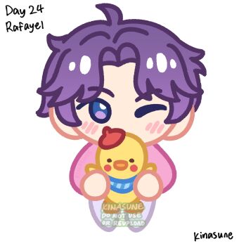 1boy animal artist_name beret blush blush_stickers character_name chibi commentary english_commentary full_body hat highres holding holding_animal holding_duck kinasune looking_at_viewer love_and_deepspace male_focus messy_hair one_eye_closed pants parted_bangs pink_pants pink_shirt purple_eyes purple_hair rafayel_(love_and_deepspace) red_hat shirt short_hair signature simple_background solo straight-on v-shaped_eyebrows watermark white_background