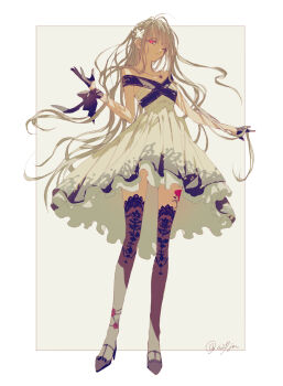 Rule 34 | 1girl, bare shoulders, black bow, black gloves, black sleeves, blonde hair, border, bow, bug, butterfly, character request, check character, closed mouth, commentary request, dress, expressionless, eyelashes, floral print, flower, flower anklet, flower tattoo, frown, full body, gloves, grey shoes, grey shorts, grey thighhighs, half gloves, heart, heart necklace, high heels, highres, insect, jewelry, lace, lace-trimmed thighhighs, lace trim, leg tattoo, long hair, miracle nikki, necklace, nikki (series), off-shoulder dress, off shoulder, one eye closed, outside border, pendant, pink eyes, print thighhighs, red flower, red rose, rose, rose print, shoes, short sleeves, shorts, solo, standing, stiletto heels, stylist (nikki), tattoo, thighhighs, uro (uvxkf), very long hair, wavy hair, white border, white dress, wrist bow