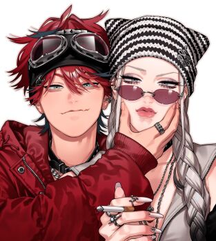 Rule 34 | 1boy, 1girl, alma (gokurakugai), black eyeliner, blue eyes, choker, cigarette, commentary request, eyeliner, eyeshadow, fake nails, gokurakugai, hair between eyes, hat, headband, highres, holding, holding cigarette, jacket, looking at viewer, makeup, mole, pink lips, red hair, red jacket, sano yuuto, sidelocks, simple background, smile, tao (gokurakugai), upper body, white background, white hair