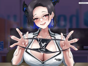 1girl absurdres black_hair blue_hair breasts cleavage cum cum_on_body cum_on_clothes demon_horns desk earrings facial highres holding holding_panties holding_underwear holding_unworn_clothes hololive hololive_english horns indoors jewelry large_breasts looking_at_viewer mole mole_under_eye multicolored_hair necklace nerissa_ravencroft nerissa_ravencroft_(casual) office official_alternate_costume official_alternate_hair_length official_alternate_hairstyle oodnap panties red_eyes red_nails short_hair solo two-tone_hair underwear virtual_youtuber