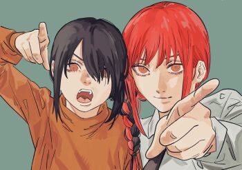 2girls black_hair black_necktie braid brown_sweater chainsaw_man child closed_mouth collared_shirt commentary_request furrowed_brow grey_background hair_over_one_eye highres light_smile long_hair makima_(chainsaw_man) multiple_girls nayuta_(chainsaw_man) necktie open_mouth pointing pointing_at_viewer red_hair ringed_eyes shirt sidelocks single_braid sukesukeburger sweater upper_body white_shirt