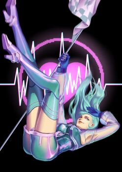 1girl absurdres aqua_boots aqua_eyes aqua_hair aqua_jacket aqua_shirt aqua_shorts aqua_vest aqunaqunyingfen armpits black_background blue_gloves boots cardiogram chinese_commentary closed_mouth commentary falling flag full_body gloves gradient_boots grey_sleeves hand_on_own_head happy heart high_heel_boots high_heels highres holding holding_flag jacket windchasing_shadow_(shining_nikki) lipstick long_hair long_sleeves makeup nikki_(series) pink_lips power_symbol puffy_long_sleeves puffy_sleeves purple_boots realistic see-through_clothes see-through_shorts see-through_sleeves shining_nikki shirt shorts smile solo thigh_boots vest wavy_hair windchasing_shadow_(shining_nikki)