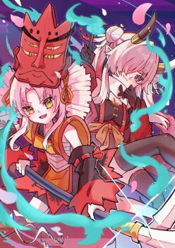 2girls :3 a.i._voice adjusting_scarf asymmetrical_horns bare_shoulders bike_shorts black_dress black_gloves black_shorts black_sleeves black_thighhighs blue_fire breasts brown_sash cleavage coeavatar detached_sleeves dress drill_hair fang fire gloves green_eyes hair_bun hair_over_one_eye hair_ribbon hasuki_nemu highres holding holding_weapon horns index_finger_raised irodorikaeru japanese_clothes kimono kimono_dress long_hair long_sleeves mask mask_on_head mismatched_horns multicolored_dress multicolored_eyes multicolored_hair multiple_girls onikko_hunter_tsuina-chan open_mouth orange_dress orange_ribbon parted_bangs petals pink_hair pointy_ears polearm purple_background red_dress red_eyes red_mask red_sleeves ribbon ribbon-trimmed_thighhighs ribbon_trim sash scarf shorts sidelocks skin_fang smile spear streaked_hair thighhighs tsuina-chan twin_drills two-tone_eyes very_long_hair voiceroid weapon white_hair white_sash white_scarf wide_sleeves yellow_eyes