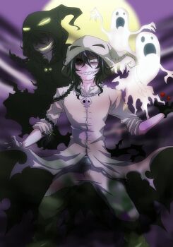 2boys black_hair cloak commentary_request ghost hood hooded_cloak humanization long_hair long_sleeves looking_at_viewer male_focus moon multiple_boys oogie_boogie short_hair smile smirk the_nightmare_before_christmas yuusei_mutsuki