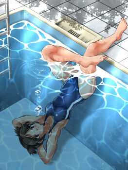 1girl air_bubble asphyxiation black_eyes black_hair blowing_bubbles bubble foxeye foxeye_fox highres one-piece_swimsuit original partially_submerged partially_underwater_shot pool pool_ladder poolside swimsuit tagme underwater