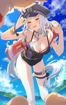 Rule 34 | 2girls, absurdres, animal ears, black hat, black one-piece swimsuit, blunt bangs, blush, breasts, casual one-piece swimsuit, cleavage, collarbone, commentary, ears through headwear, fenomeno (umamusume), gold ship (run revolt launcher) (umamusume), gold ship (umamusume), grey hair, hat, highres, horse ears, horse girl, horse tail, jewelry, komeko97, large breasts, long hair, looking at viewer, multiple girls, necklace, ocean, official alternate costume, one-piece swimsuit, open mouth, outdoors, peaked cap, purple-tinted eyewear, purple eyes, smile, swimsuit, tail, tinted eyewear, umamusume, untranslatable commentary, water gun