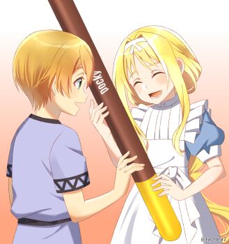 :d ^_^ alice_zuberg artist_name blonde_hair blue_dress braid braided_ponytail brown_background child closed_eyes commentary_request dress eugeo food gradient_background grey_shirt hair_between_eyes hair_intakes hand_up hands_up highres holding holding_food holding_pocky jacket long_hair long_sidelocks low_ponytail lower_teeth_only open_mouth oversized_food oversized_object pocky ponytail puffy_short_sleeves puffy_sleeves raised_eyebrows shirt short-sleeved_jacket short_hair short_sleeves sidelocks smile sword_art_online sword_art_online:_alicization teeth tongue tu_tora2 turtleneck turtleneck_dress twitter_username two-tone_dress upper_body white_background white_dress