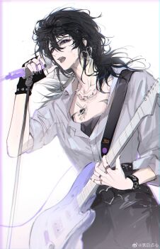 Rule 34 | 1girl, 6-string bass guitar, bass guitar, belt, black belt, black gloves, black hair, black nails, black pants, blue eyes, chain, chain necklace, chinese commentary, commentary request, cowboy shot, deren (path to nowhere), earrings, extended range bass guitar, fingerless gloves, glint, gloves, hair between eyes, heart, heart earrings, heart necklace, heart o-ring, highres, holding, holding bass guitar, holding instrument, holding microphone, hoop earrings, instrument, jewelry, long hair, luori dianxin, microphone, microphone stand, multiple necklaces, multiple rings, music, nail polish, necklace, o-ring, o-ring belt, open mouth, pants, path to nowhere, ring, shirt, shoulder strap, simple background, singing, single fingerless glove, single glove, solo, standing, sweat, three-quarter sleeves, watermark, weibo watermark, white background, white shirt, wristband