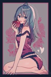 Rule 34 | 1girl, :o, ahoge, amagi hana, barefoot, blue eyes, blue hair, blue nails, blush, border, camisole, commentary, drop shadow, feet, flower, food, from side, fruit, full body, grey background, hair between eyes, hatsune miku, highres, holding, holding food, holding fruit, looking at viewer, midriff, nail polish, open mouth, outside border, panties, pink border, red camisole, red flower, red panties, red rose, romeo to cinderella (vocaloid), rose, shirt, sidelocks, simple background, sitting, sleeveless, sleeveless shirt, soles, solo, straight hair, strap slip, teeth, toes, underwear, upper teeth only, vocaloid, wariza
