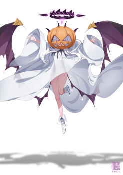 1girl absurdres ahoge black_halo blue_archive breasts demon_girl demon_horns demon_wings feilingdong full_body halo highres hina_(blue_archive) hina_(dress)_(blue_archive) horns long_hair looking_at_viewer low_wings prefect_team_(blue_archive) pumpkin purple_eyes simple_background small_breasts solo tachi-e very_long_hair white_background white_hair wings