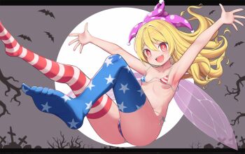 american_flag american_flag_bikini american_flag_legwear american_flag_print armpits ass bat_(animal) bikini blonde_hair breasts clownpiece collarbone fairy_wings flag_print flag_print_bikini full_moon graveyard halloween harunoha hat highres jester_cap legacy_of_lunatic_kingdom moon polka_dot polka_dot_headwear print_bikini purple_hat red_eyes sharp_teeth small_breasts star-shaped_pupils star_(symbol) star_print swimsuit symbol-shaped_pupils teeth touhou wings