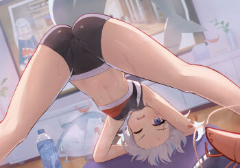 1girl absurdres bent_over bike_shorts black_bra black_shorts blue_eyes blue_hair bra breasts cameltoe dutch_angle female_focus fins fish_tail forehead from_behind gawr_gura gills highres hirotaka0125 hololive hololive_english indoors jack-o&#039;_challenge loli looking_at_viewer looking_back multicolored_hair navel one_eye_closed parted_lips romaji_commentary shark_girl shark_tail short_hair short_shorts shorts shrimp small_breasts solo sports_bra spread_legs streaked_hair tail underwear virtual_youtuber white_hair