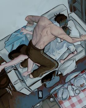 Rule 34 | 2boys, arm around neck, barefoot, black hair, black pants, boy on top, couch, from above, hashtag-only commentary, highres, jpqaa5, kim dokja, male focus, multiple boys, omniscient reader's viewpoint, on couch, outstretched arm, pants, scar, scar on arm, scar on back, scars all over, shirt, short hair, striped clothes, striped pants, too many, topless male, track pants, white shirt, yoo joonghyuk