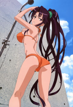 1girl absurdres arm_up ass bikini black_hair breasts cloud day female_focus from_below highres kanzaki_kaori large_breasts lips long_hair looking_at_viewer looking_back non-web_source nyantype official_art parted_lips pink_eyes ponytail purple_eyes quality shower_(place) showering skindentation sky solo swimsuit tanaka_yuuichi toaru_majutsu_no_index very_long_hair
