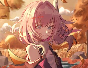 1girl bare_shoulders blue_eyes cyrene_(aedes_elysiae)_(honkai:_star_rail) cyrene_(honkai:_star_rail) dress grass highres honkai:_star_rail honkai_(series) looking_at_viewer medium_hair pink_hair purple_dress rin1719073 smile solo twitter_username unfinished