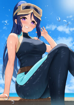 1girl belt blue_hair blue_sky blush breasts brown_belt cloud commentary_request commission day diving_suit goggles goggles_on_head grin highres knees_up large_breasts long_hair love_live! love_live!_sunshine!! matsuura_kanan ocean outdoors ponytail purple_eyes sitting skeb_commission sky sleeveless smile solo tsuruyama_(tenten)