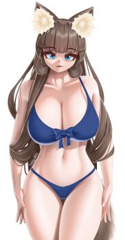 Rule 34 | 1girl, absurdres, animal ear fluff, animal ears, bikini, blue bikini, blue eyes, blunt bangs, breasts, brown hair, cat ears, cat girl, cat tail, cleavage, fluffy, highres, large breasts, long hair, looking at viewer, original, ribbon, smile, smirk, swimsuit, tail, takie, takie arts, thick thighs, thighs, very long hair, white background