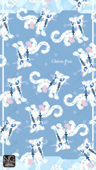 animal_focus blue_eyes blue_sclera bright_pupils chien-pao colored_sclera fangs full_body highres meme_(sleepsheep) nintendo no_humans pokemon pokemon_(creature) pokemon_focus snow_leopard tail tusks weasel white_fur