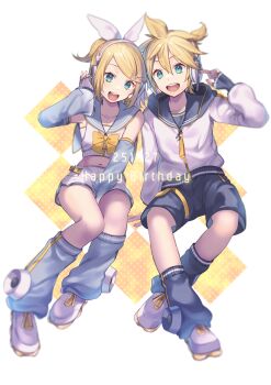 1boy 1girl bare_shoulders black_sailor_collar black_shorts black_socks blonde_hair brother_and_sister commentary_request crop_top dated detached_sleeves green_eyes grey_sailor_collar grey_sleeves grey_socks hair_between_eyes hand_up happy_birthday headphones jacket kagamine_len kagamine_rin loose_socks midriff navel ponytail roller_skates sailor_collar shiomizu_(swat) shirt shoes shorts siblings simple_background skates sleeveless sleeveless_shirt sleeves_past_wrists socks vocaloid white_background white_jacket white_shirt white_shoes